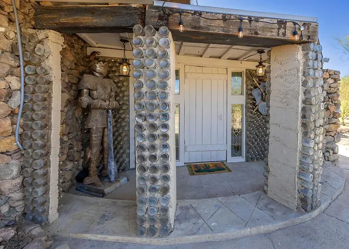 Artistic Earth House With Vibrant Glass Bottle Architecture Near Saguaro National Park In Tucson, Arizona *
